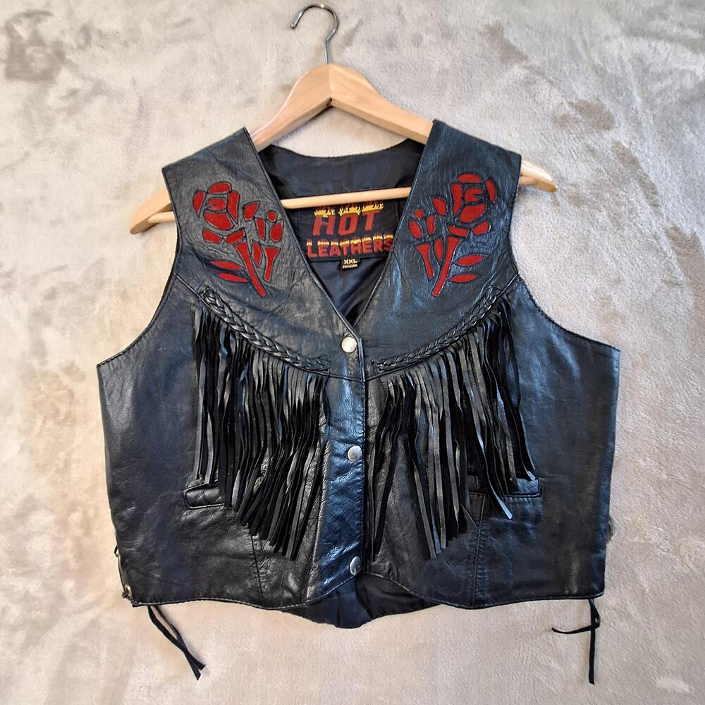 Hot Leathers Vest Womens XXL Black Leather Fringe Rose Embroidered Biker Western